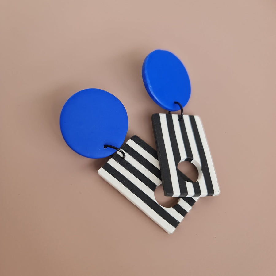 Round Dangle Black and White Stripe Earrings - Blue - Clac Clac Design