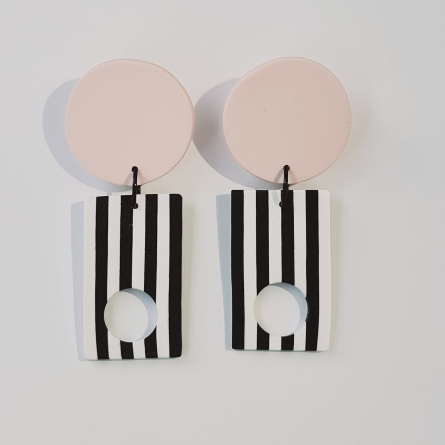 Round Dangle black and white stripe earrings - Pink - Clac Clac Design