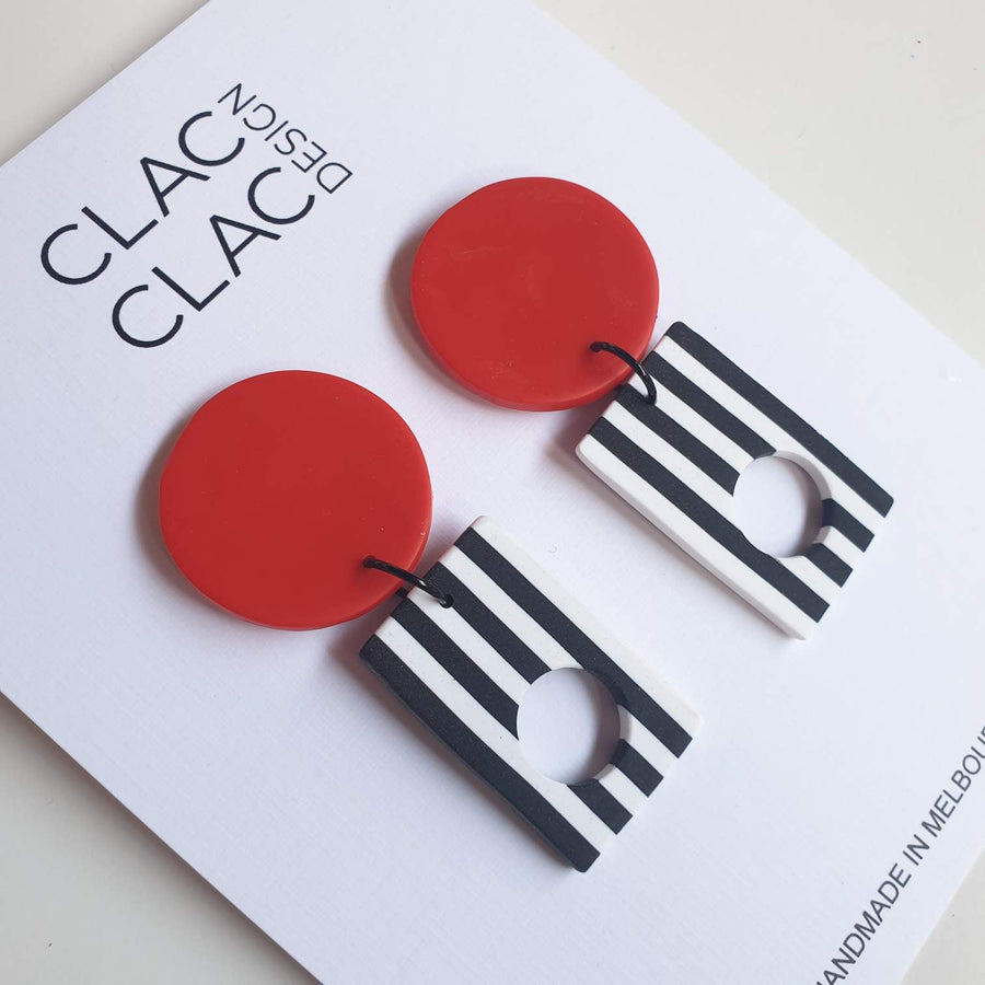 Round Dangle Earrings black and white Stripe - Red - Clac Clac Design