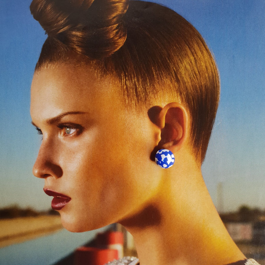 Blue Speckle Studs  worn by a lady with her hair tied up.- Clac Clac Design