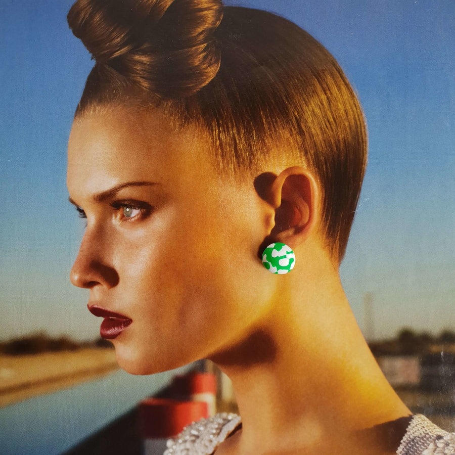 Green Speckle Studs worn on a lady with hair tied up- Clac Clac Design