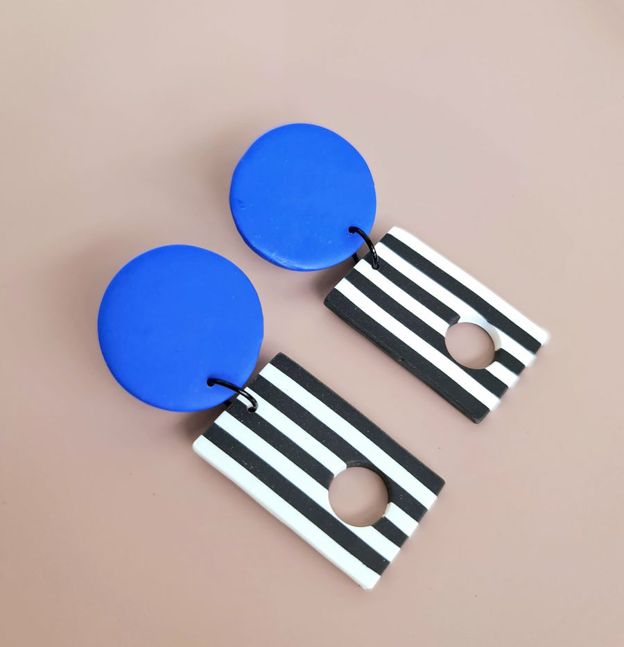 Round Dangle Black and White Stripe Earrings - Blue - Clac Clac Design
