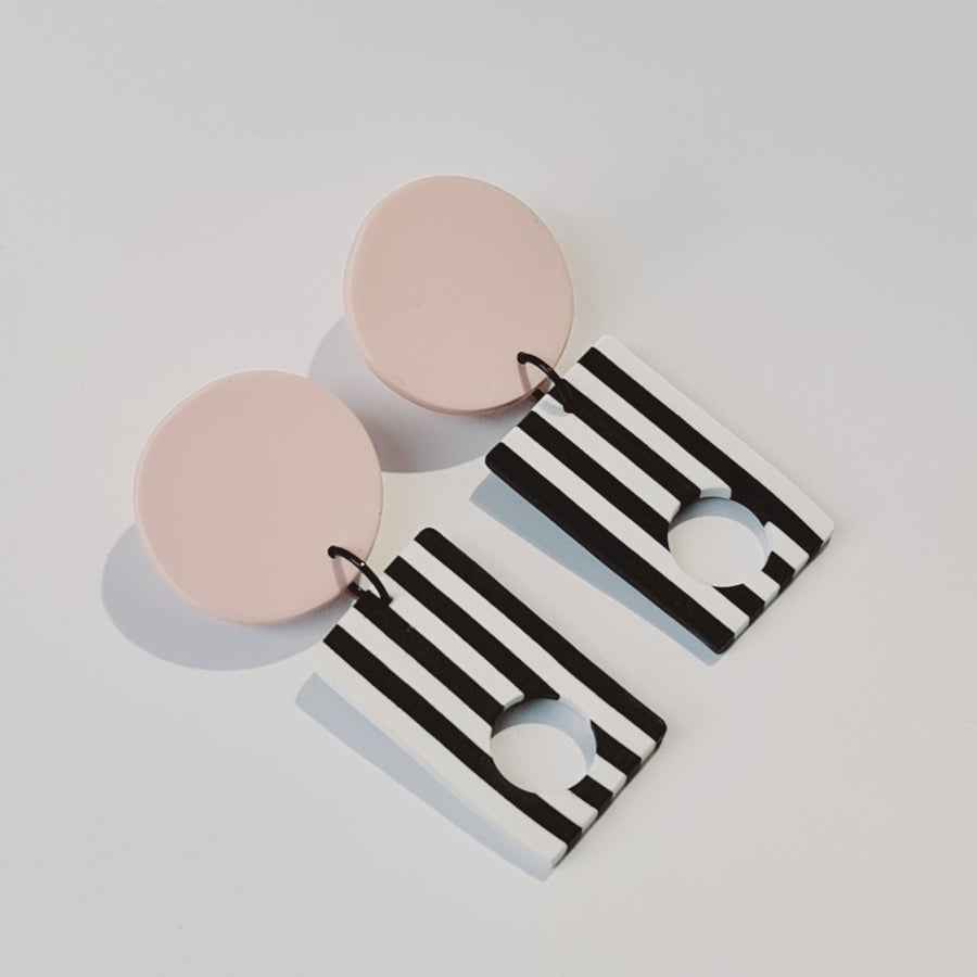 Round Dangle black and white stripe earrings - Pink - Clac Clac Design