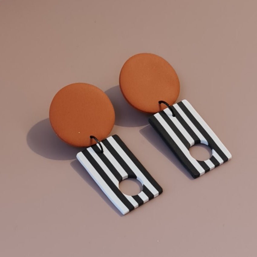 Round Dangle Earrings black and white Stripe - Burnt Orange - Clac Clac Design
