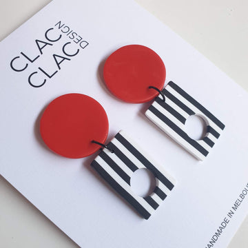 Round Dangle Earrings black and white Stripe - Red - Clac Clac Design